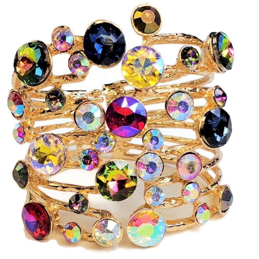Multicolor Stone Embellished Hinged Cuff Bracelet - image 6